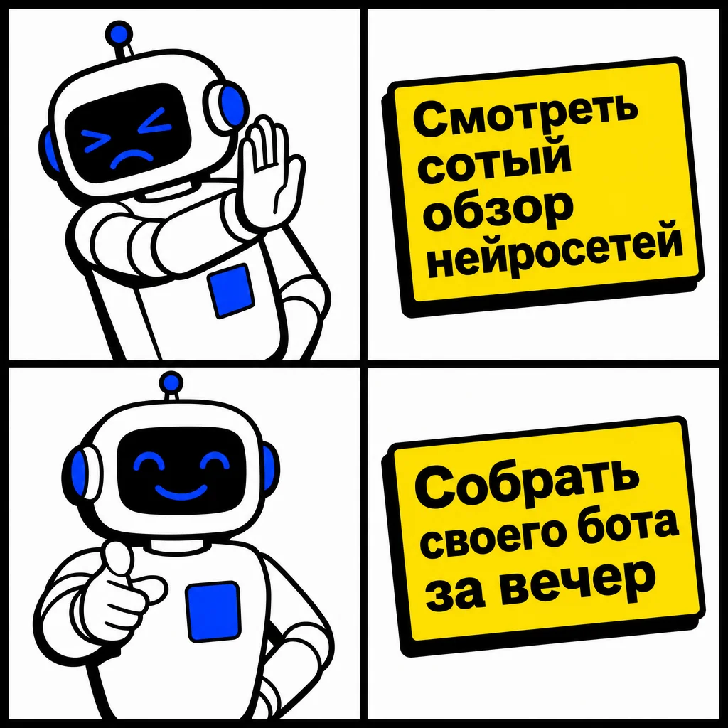 Мем: смотреть сотый обзор нейросетей — нет; собрать своего бота за вечер — да